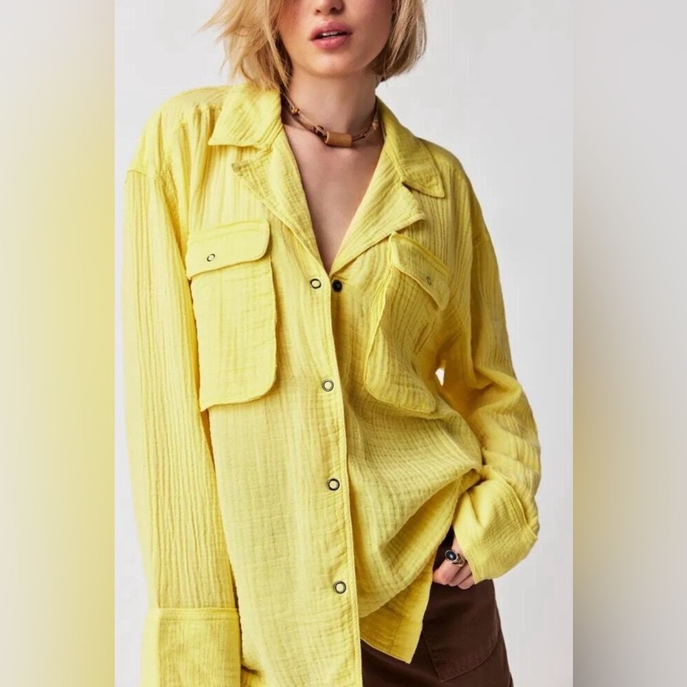 Free People Izzie Cargo Gauze Button Down Shirt Shaket Size M